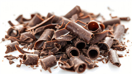 Many tasty chocolate curls isolated on white