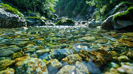A river flows over rocks covered in moss, creating a serene and natural scene