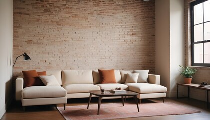 Apartment with brick wall and comfortable sofa