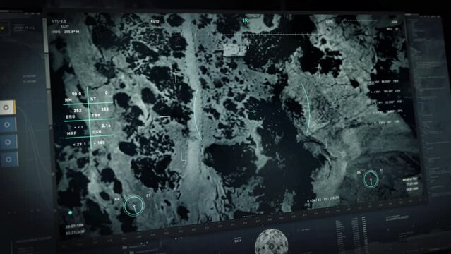 Military drone interface is scouting the selected area. Military drone interface is scanning the battlefield. Military drone interface has launched a deadly rocket attack at the enemy forces tank. UI.