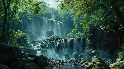 A waterfall flows into a pool of water surrounded by rocks and lush green trees - Powered by Adobe