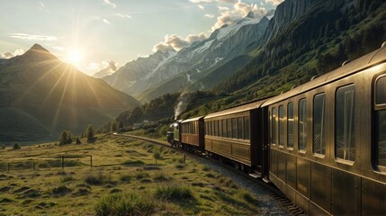 A vintage train is traveling through a mountain valley with grass-covered hills