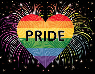 Pride text; colorful rainbow  heart with fireworks on dark background. Lgbt celebration concept
