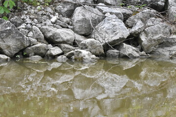 rocks near water stream reflection backdrop