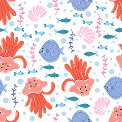Children's vector seamless pattern with cute cartoon sea jellyfish and fish. Marine animals, ocean fish. Perfect for baby bedding, wallpaper, wrapping paper, fabric, textile, T-shirt prints