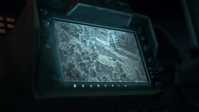 Remote control gun radar looking for the rival army target at the battlefield. Army using the gun to destroy targets at the combat area. Army striking the target tank with a missile gun.