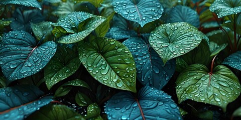 wallpaper representing a pattern of leaves with water droplets above. Hipperrealistic image