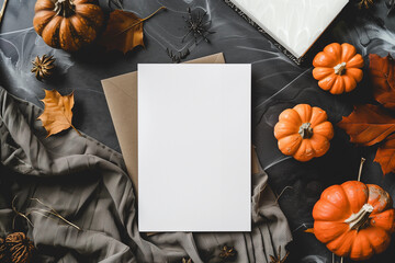 Flatlay of Halloween blank white paper greeting card menu invitation rsvp POD mock up pumpkin fabric black backdrop for country rural boho Autumn background empty cardstock note invite above view