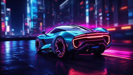 A blue and purple futuristic sports car is driving through a city at night, with glowing neon lights all around.
