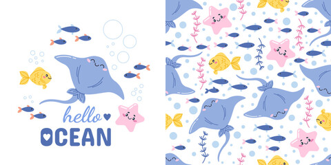 Vector seamless pattern and postcard with a cute hand-drawn sea stingray. Marine animals, ocean fish. Ideal for baby bedding, wallpaper, wrapping paper, fabric, textiles, T-shirt prints