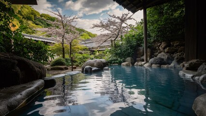Onsen, landscape outdoor with nature, relaxation and calm rejuvenation, Japan style