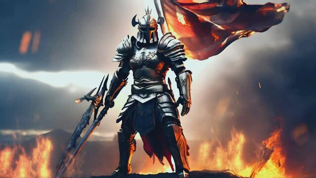 knights with swords and iron armor on the battlefield with blazing fire
