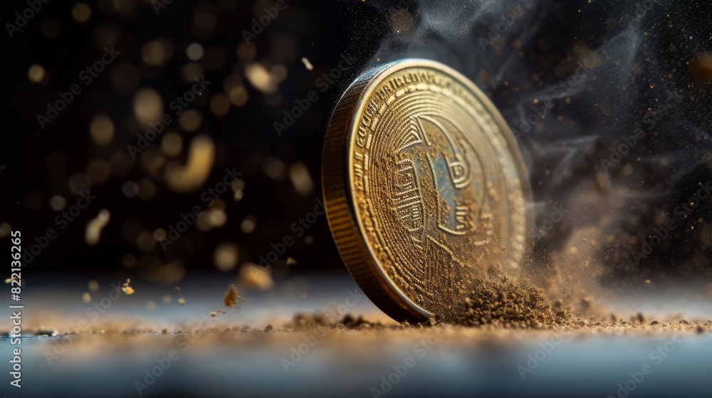 Poster dramatic close-up of a bitcoin spinning on its edge on a dark surface, with particles of dust highli