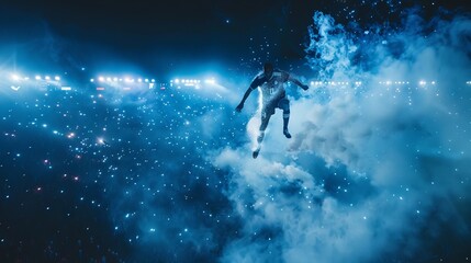 Drone light painting of a soccer player in the sky at night over a huge crowd. Photographic. 