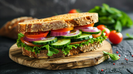 brown rea bread sandwich with violet red onion cucumber tomatoes