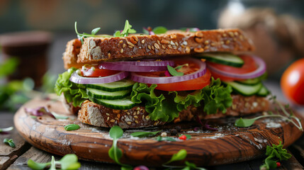 brown rea bread sandwich with violet red onion cucumber tomatoes