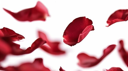 Floating red rose petal isolated on white. Background concept for love greetings on valentines day