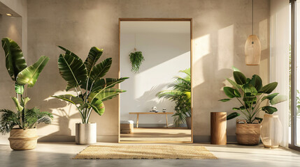 Modern interior with large stylish mirror with tropical
