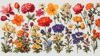This is a drawing of many different types of flowers against a white background. 