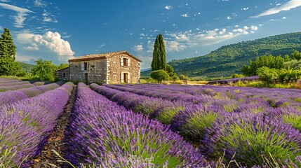  A picturesque scene of the lavender fields in Provence at peak bloom. Rows of purple flowers stretch towards the horizon, with a quaint stone farmhouse in the distance under a sunny blue sky.