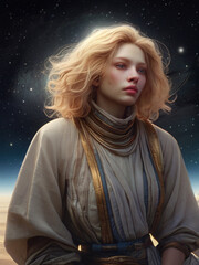 Woman in galactic space. Concept of embracing femininity and unleashing inner goddess, feminine energy, spirituality, meditation, cosmic unity, awareness.