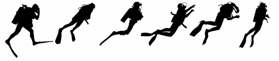Scuba diver silhouettes in different poses. 