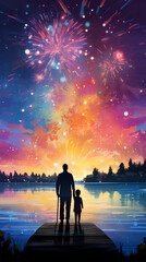 Fototapeta premium A father and daughter stand on a dock, watching fireworks