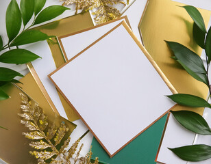 mockup blank frame with eucalyptus leaves and empty frame. flat lay, top view, minimal composition.	