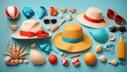 There are many items in this image, including hats, sunglasses, beach balls, a beach umbrella, and a snorkel.