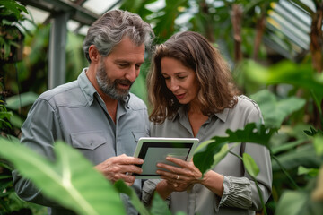 well-groomed man and woman looking at a tablet. Both individuals are aged between 35 and 40 years old. The background of the photo should resemble a garden environment.