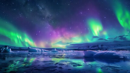  A magical landscape capturing the Northern Lights in green and purple hues dancing over the Jokulsarlon Glacier Lagoon, where icebergs float in the icy waters against a starry night sky.