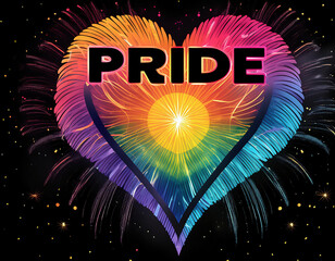 Pride text; colorful rainbow heart with fireworks on dark background. Lgbt celebration concept	