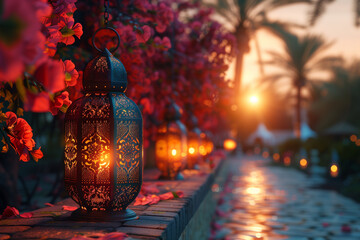 Naklejka premium Islamic background with lanterns, created with Generative AI technology