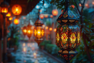 Naklejka premium Islamic background with lanterns, created with Generative AI technology