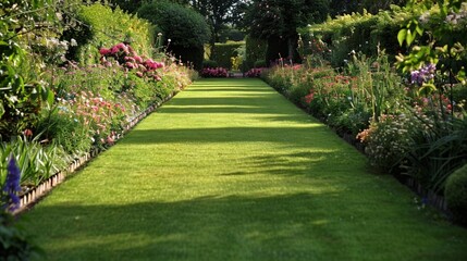 Neatly Trimmed Lawn Leading to Blooms