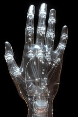 Naklejka premium Humanoid Mechanical cyber hand, Outline lines under black shades, scanlines, silhouette, film grain, 16k