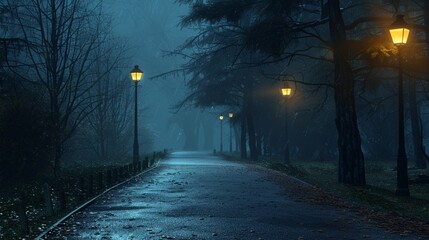 natural night park with lonely scary asphalt road and street electricity lantern with glare of...