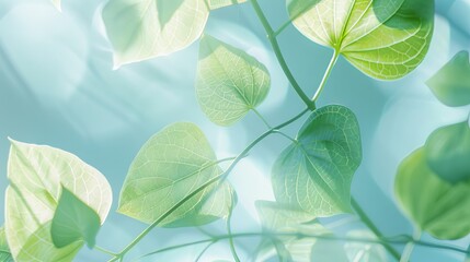 Macro spring shot, large clear translucent leaves, fine leaf veins, Morandi color scheme, low saturation, light green and light blue, white