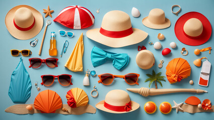 There are many items in this image, including hats, sunglasses, beach balls, a beach umbrella, and a snorkel.