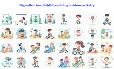 collection of kids playing outside. Childs outdoor activities in summer. Flat vector illustration