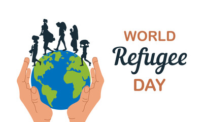 Silhouettes of many people with luggage. Banner for World Refuge Day , flat vector illustration .