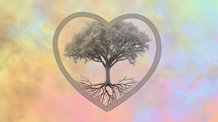 Delicate illustration of a heart-shaped tree with detailed roots set against a dreamy, pastel-colored cloudy background.