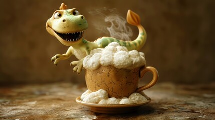 Cute dinosaur shaped coffee cup with a latte art design