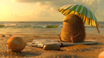 Cute green bird on a beach under an umbrella