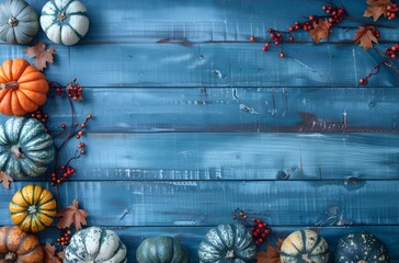 Rustic Blue Wooden Background with Pumpkins and Berries