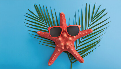 Red starfish with sunglasses and palm leaf at the beach on blue background