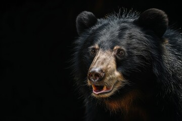 Fototapeta premium Mystic portrait of Sloth Bear in studio, copy space on right side, Anger, Menacing, Headshot, Close-up View Isolated on black background