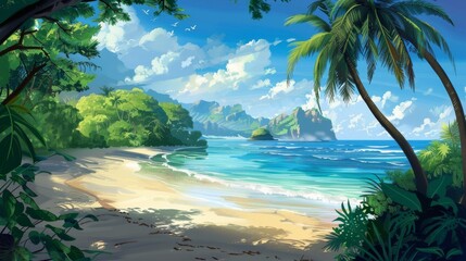 Painting of a Tropical Beach With Palm Trees