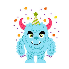 Fluffy blue monster in flat style on a white background. Holiday monster. Monster with confetti. Festive kids cartoon monster character.