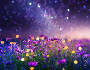 a dreamlike view of purple flowers in the meadow with bokeh lights background